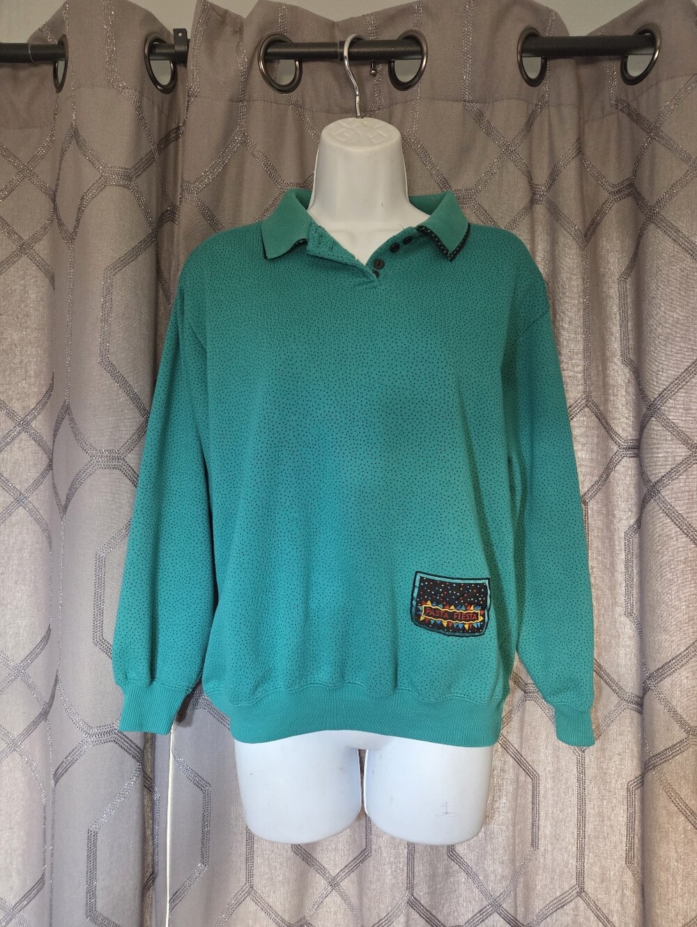 Vintage 90s Pasta Green Black Polka Dot Button Collar Sweatshirt S